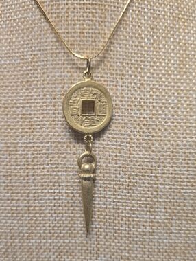 Gold-Tone Faux Chinese Feng Shui Coin & Dangle Spike Necklace